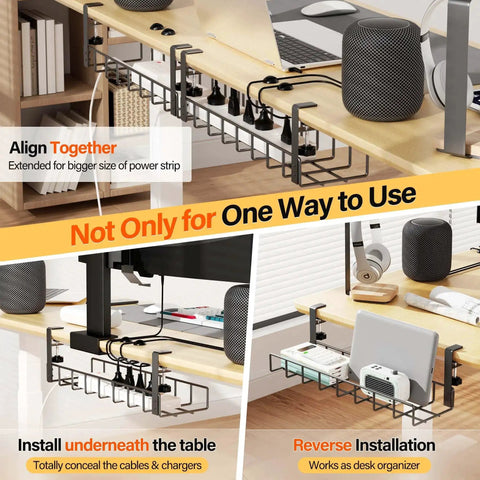 Image of 2 Pack Under Desk Cable Management Tray With Upgraded Clamp No Drill Wire Organizer 31.4 Inch Metal Desk Cord Rack in use, showing various installation methods under and on top of a desk.