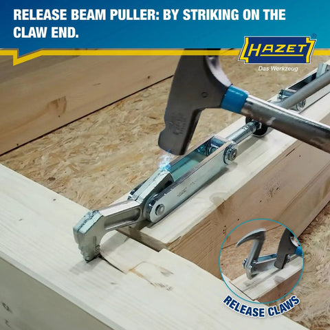 Hazet Beam Puller 1774-1 I Clamps, Pulls And Compresses Timber in action on wood beam with hammer releasing claws