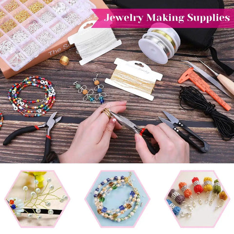 Hands using tools from All In One 1857 Pcs Jewelry Making Kit For Adults With Pliers Wires Chains on a wooden table.