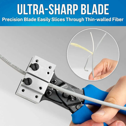 CSP F5 Cable Slitting Pliers for Thin Walled Jacketed Fiber Optic Cables showing ultra-sharp blade and ergonomic blue handle