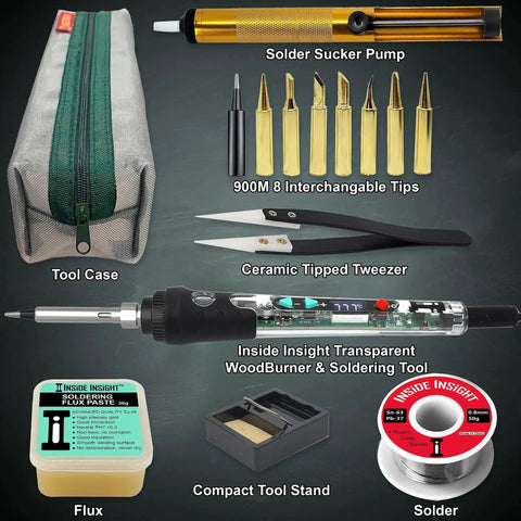 Clear Shell Soldering Iron Kit Pro Grade With 68W Power And Adjustable Temperature From 200C To 500C, complete set displayed.