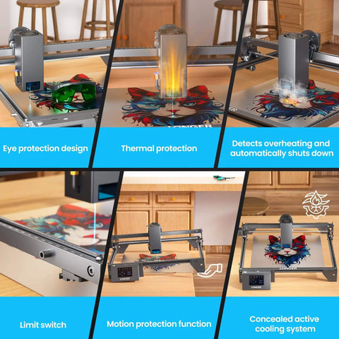 Multiple views of the Beast Power 20000mW Laser Engraver And Cutter For Metal, Glass, Wood, Leather with safety and protection features displayed.