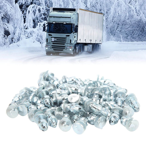 Tire Thread Studs Set With Tungsten Steel Screws 50 Piece Silver Finish Enhanced Traction with truck in snowy background