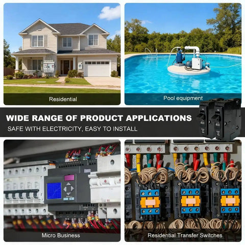 Collage showing applications for One-Pole 20 Amp Circuit Breaker Drop-In Replacement For QO120 in homes, pools, and businesses