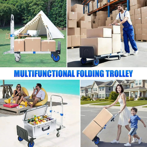 3 In 1 Aluminum Folding Hand Truck Dolly Cart With Wheels Up To 600 Lbs Capacity used in various settings like camping, warehouse, home, beach.