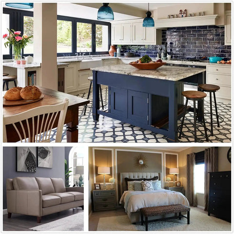 Modern kitchen, living room, and bedroom furniture arrangement with decorative elements and lighting.