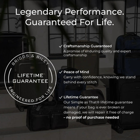 Briggs & Riley luggage with lifetime guarantee, displaying quality features such as 29 inch expandable spinner checked luggage for travel