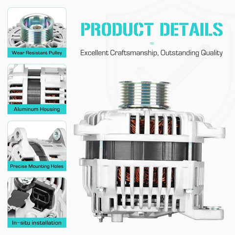 Detailed view of Infiniti QX56 5.6L Alternator Replacement Drop In Easy Fit for Infiniti QX56 2004 2006 Armada 2005 2006 Pathfinder Titan 5.6L High Output OEM Style Plug And Play Auto Part showcasing aluminum housing and pulley.