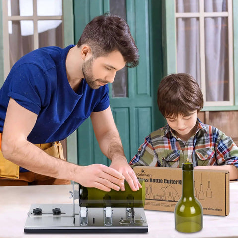 Man and child using Glass Bottle Cutter Upgrade Kit With Five Support Wheels And Stainless Steel Base For Precise Round Bottle Cuts