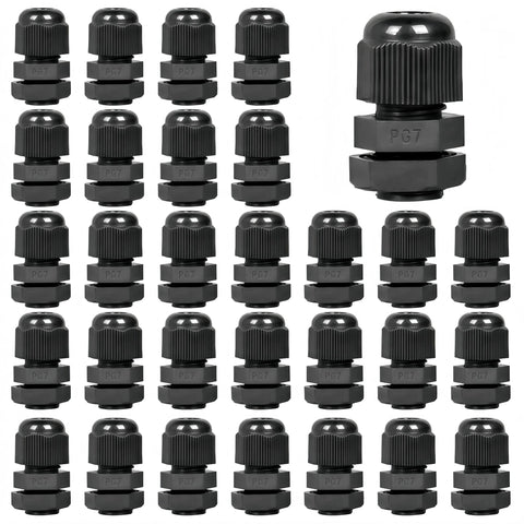 30 pcs waterproof cable gland set with PG7 thread (3–6.5mm), PA66 black wire grommets for strain relief.
