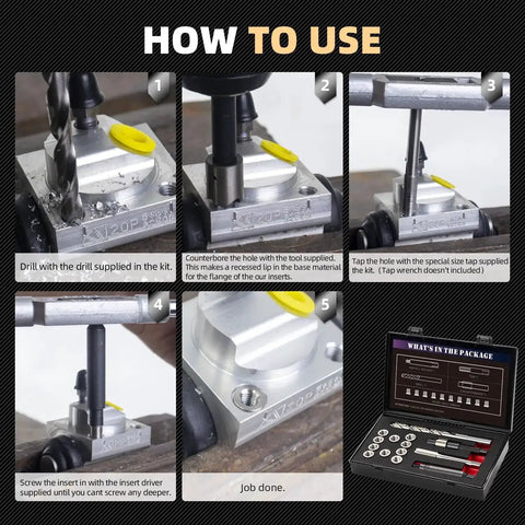 Steps for using Thread Repair Kit M10X1.0X12.7MM with Stainless Steel Inserts and HSS Drill Tap Counterbore and Installation Driver