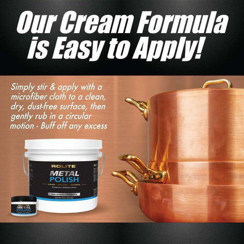 Heavy Duty Metal Polish Paste 4.5 Oz next to shiny copper pots, showcasing its use for polishing and scratch removal on metals.