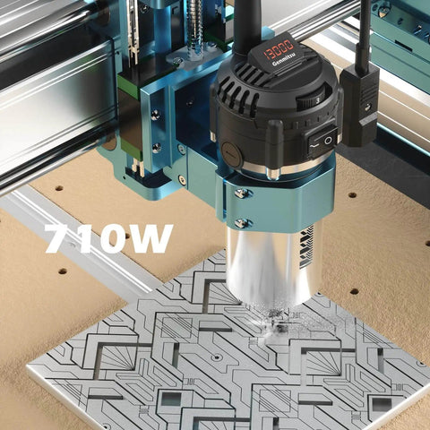 Close-up of Next Gen 4040 Pro Max CNC Router with 710W spindle, showing detailed engraving on metal, linear rail drive visible.