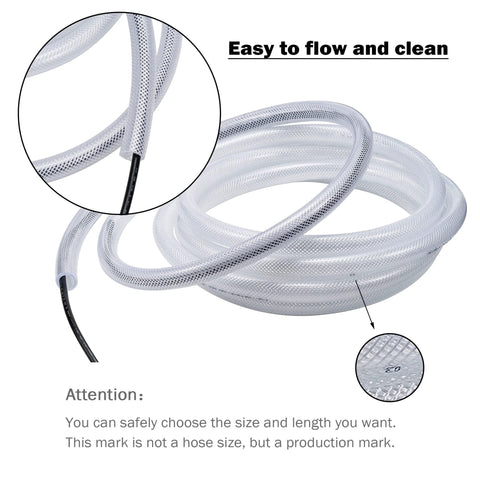 Clear braided PVC tubing, 1 in ID, 25 ft, with stainless clamps.