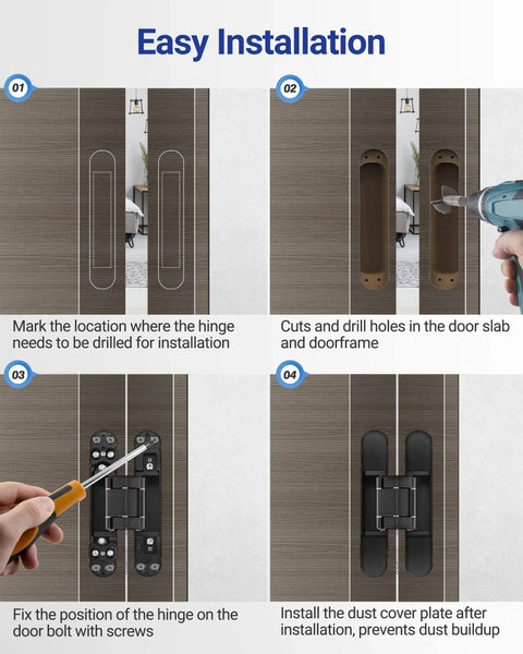 Installation steps for Hidden Door Hinges 6x2.5x1 Inch Zinc Alloy Concealed Hinge Set on a wooden door frame.