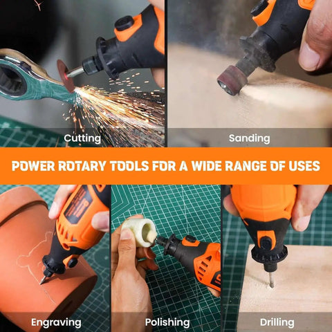 Powerful 180W Corded Rotary Tool Kit With 6 Speed Settings And 61 Accessories 8000 To 35000 RPM For Sanding Polishing Cutting Engraving Carving And DIY Projects Orange by Hardell being used for various tasks including cutting, sanding, engraving, polishing, and drilling.