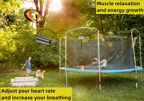 Eurmax USA 7-inch trampoline springs, heavy-duty stainless steel with T-hook, replacement springs beside a trampoline