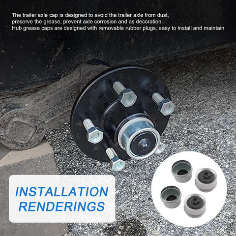 4 Pack 1.98 Inch Trailer Axle Dust Cap Hub Grease Cover Kit With Extra Rubber Plugs For Most 2000 To 3500 Pound Axles Dexter EZ Lube Compatible Campers RV Boats Hub Cap Replacement installed on axle with rubber plugs visible