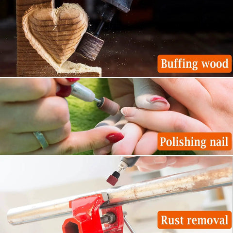 Aluminum Oxide Sanding Drum Set Kit With Free Box 132 Piece Pack Including 120 Sanding Sleeves In 3 Diameters And 12 Shank Drums For Dremel Rotary Tools DIY Friendly For Wood Metal Fiberglass Finishing used for woodworking, nail polishing, and rust removal.