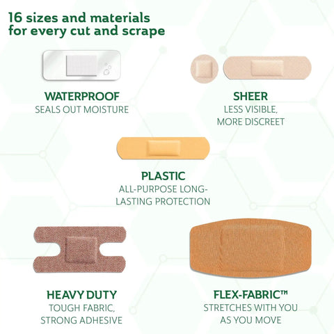 320 Count Assorted Bandages Variety Pack With 5 Styles Waterproof Sheer Plastic Heavy Duty Flex Fabric for cuts and scrapes