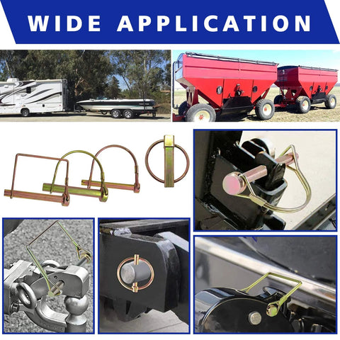 Heavy Duty Pin And Fastener Kit With 383 Pieces For Tractors Trailers Trucks And Mowers Including R Clip Pins Hairpin Cotter Pins Lynch Pins PTO Pins Clevis Pins Square PTO Pins And 3 Point Hitch Accessories shown in various applications and parts