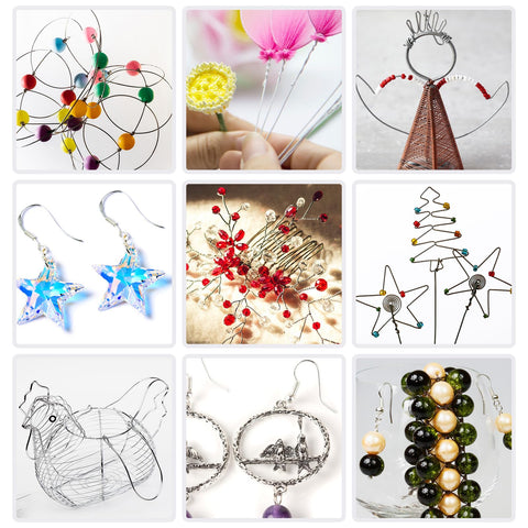 18 Gauge Aluminum Craft Wire 1mm 164ft Silvery Bendable Metal For Sculpting Doll Armature Flexible DIY Jewelry Making And Craft Projects displayed in various craft projects and jewelry.