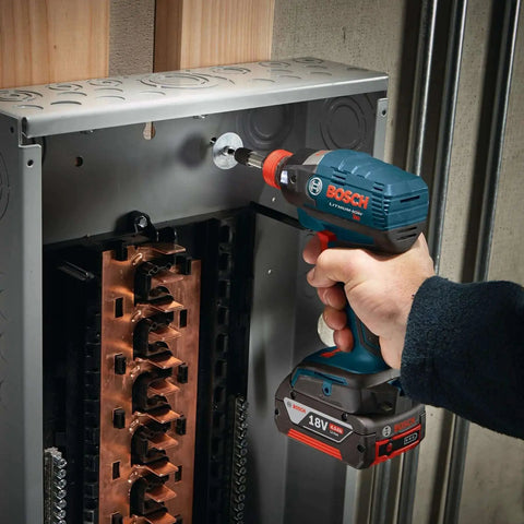 Person using Bosch impact driver with Impact Tough Phillips Bits Set for Impact Drivers, 3-1/2 Inch, Size 2, 10-Pack, in electrical panel