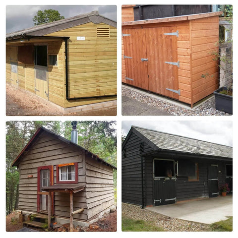 Wooden sheds and outdoor structures in various styles and finishes, showcasing potential uses for Complete Shed Door Hardware Kit With Heavy Duty Hinges Adjustable Barrel Bolts Secure T Handle Lock Weatherproof Latches For Sheds Gates Playhouses And Outdoor Structures Durable Steel Construction Easy Install Security Upgrade For Garden Sheds.