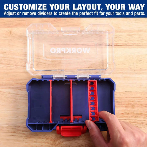 Open Three Piece Small Parts Organizer Set with removable dividers, clear lid, ideal for screws, bolts, nails, and craft supplies.