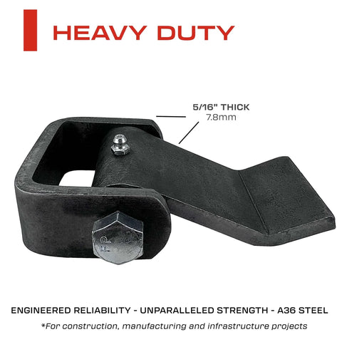 Close-up of a heavy duty weld-on dump trailer hinge showing 5/16 inch thick A36 steel construction and bolt for durability.