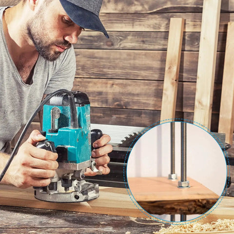 Man using a wood router with focus on 304 Stainless Steel Fully Threaded Rod 3 8 16 UNC 1.6 Inch 15 Pieces in inset image.