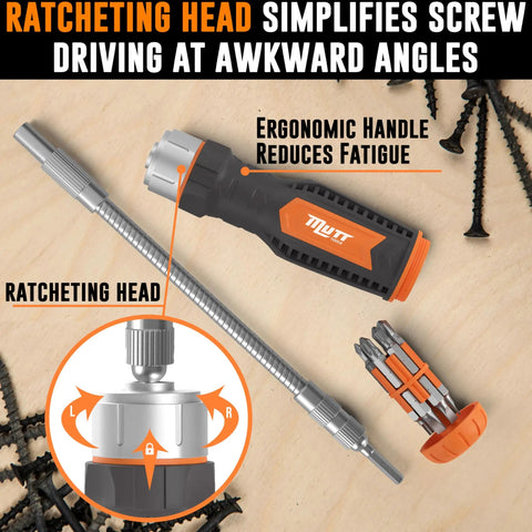 Versatile 12 In 1 Ratcheting Flexible Screwdriver For Tight Spaces with bendable shaft and bit holder shown with bits