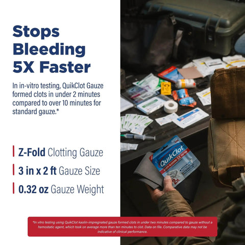 Person holding Fast Bleed Clotting Gauze Kaolin Hemostatic Dressing by Adventure Medical Kits in survival gear setup