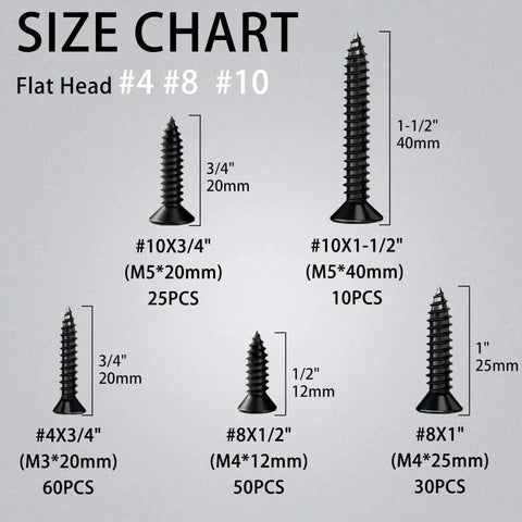 Size chart for Wood Screws Assortment Kit 175 Pieces With Phillips Flat Head Self Tapping Screws in Black Zinc Plated Carbon Steel