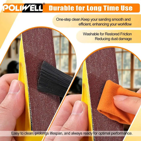 Using the 120 Pcs Micro Detail Sandpaper Kit to clean sandpaper with a brush and cloth on 3.5 x 1 inch block for various materials.