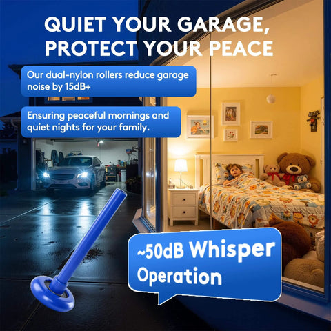 Garage interior with car and bedroom, highlighting 10 Pack 2 Inch Nylon Garage Door Rollers With 6200-2RS Bearings And 4 Inch Carbon Steel Stem