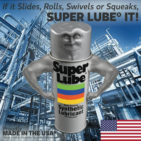 Super Lube synthetic lubricant bottle with USA flag and industrial background
