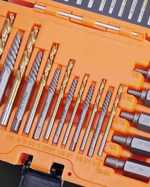 Close-up of 19 Piece Screw Extractor And Left Hand Drill Bit Set with HSS Steel Reverse Drill Bits arranged in an orange case