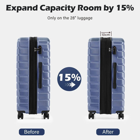 Three Piece Hard Shell Luggage Set With Spinner Wheels And Expandable Large 28 Inch Suitcase, blue suitcase expanding by 15%