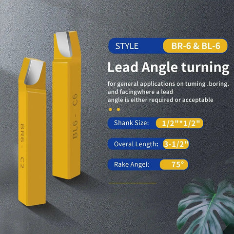 Yellow carbide tipped cutter tools BR6 C2 and BL6 C6 for lead angle turning, part of Twenty Piece Half Inch Carbide Tipped Cutter Tool Set by Senduo.