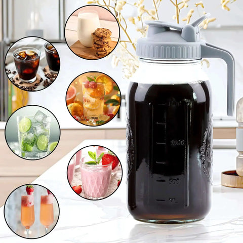 32 Oz Mason Jar Cold Brew Pitcher With Strainer And Wide Mouth Glass Spout Lids For Fridge Iced Coffee Tea Lemonade Sun Tea
