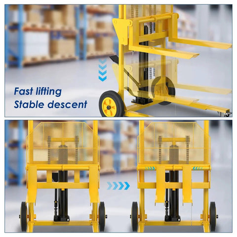 Hydraulic pallet lift with yellow steel frame and forks extended; two units shown from the front.