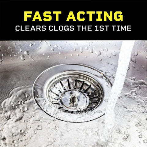 A kitchen sink with water flowing, illustrating the fast-acting feature of Pro Strength Clog Destroyer Gel For Drains Liquid Drain Cleaner 80 Oz.