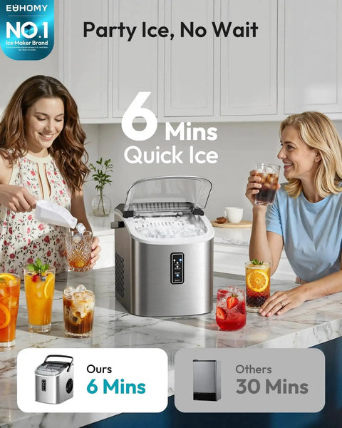 Countertop Ice Maker 9 Cubes In 6 Minutes Portable Self Cleaning Two Ice Sizes in use on a kitchen countertop with drinks.
