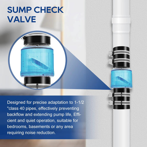 Sump check valve, 1-1/2 in PVC, blue translucent body with Buna-N couplings and stainless hose clamps on PVC pipe