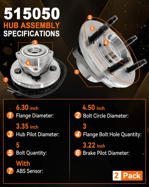 2Pcs 515050 Front Wheel Bearing Hub Assembly For Ford Explorer 2002 2005, Lincoln Aviator 2003 2005, Mercury Mountaineer 2002 2005, 5 Lug With ABS Direct Fit Replacement Drop In Ready diagram showing specifications and features