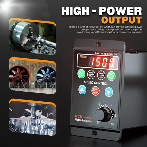 750W VFD Variable Frequency Drive 110-220V input with control panel display and speed control for lathe, CNC, HVAC systems