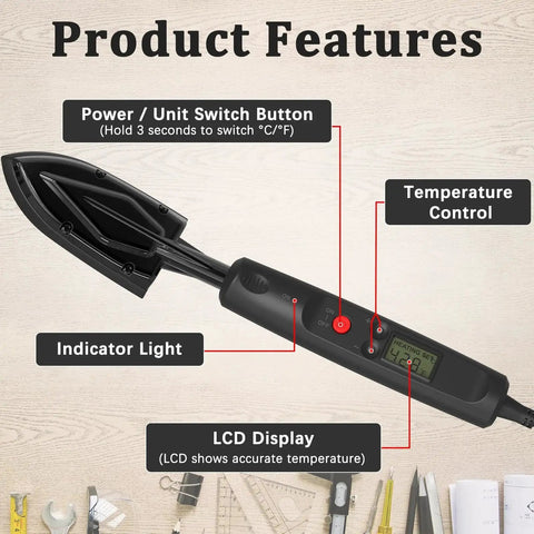 Edge Banding Iron With LCD Display For Furniture Edges And Models, Adjustable Temperature 212-428F, shown with features labeled.