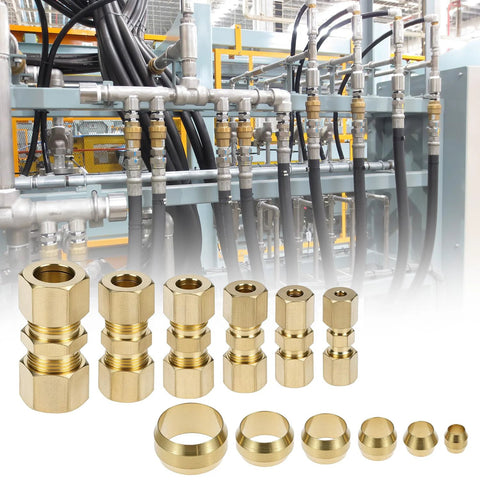 QWORK brass compression tube fittings set, 46 pcs, sizes 1/8–1/2 in OD, straight union for truck airlines.