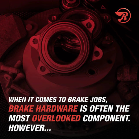 Close-up of Raybestos R-Line rear parking brake hardware kit on metal wheel hub assembly
